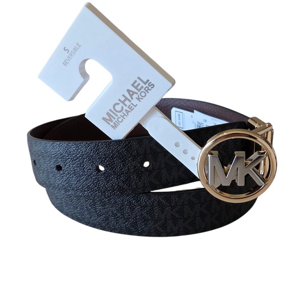 Michael Kors Belt Reversible Black Brown MK Logo Gold Buckle Womens Small - Picture 1 of 7